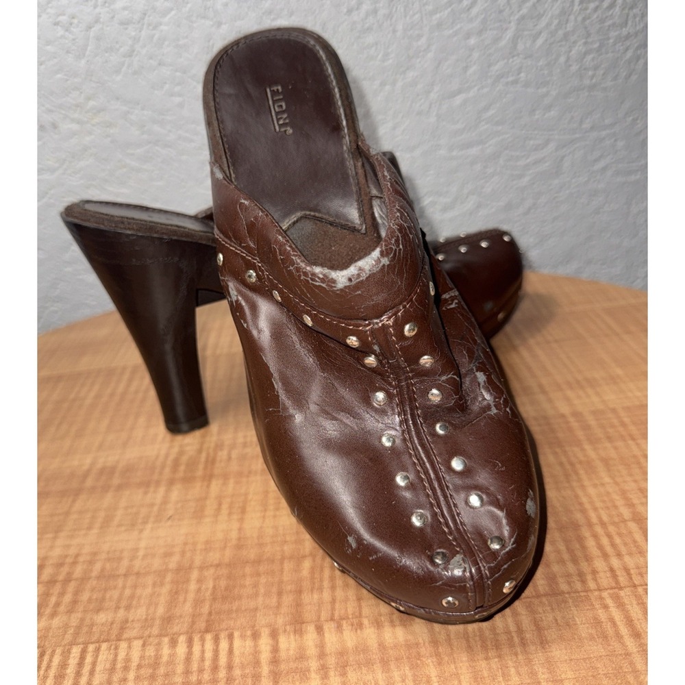 Vintage Y2K Fioni Brown Boho Studded Mule Festival Faux Leather Heels 8.5
